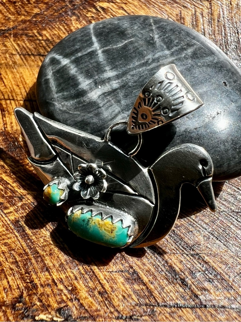Sterling Silver Kingman Turquoise Duck Pendant - Picture 3 of 10